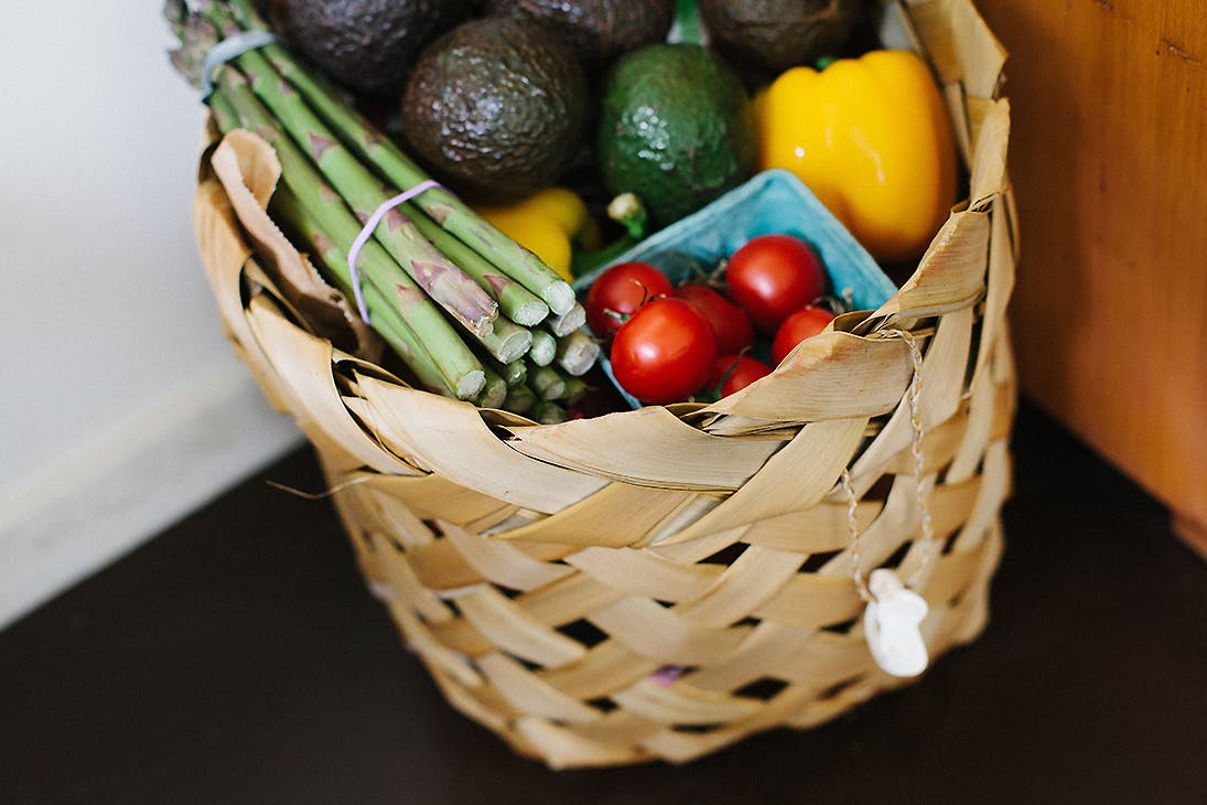 A basket of groceries by the door